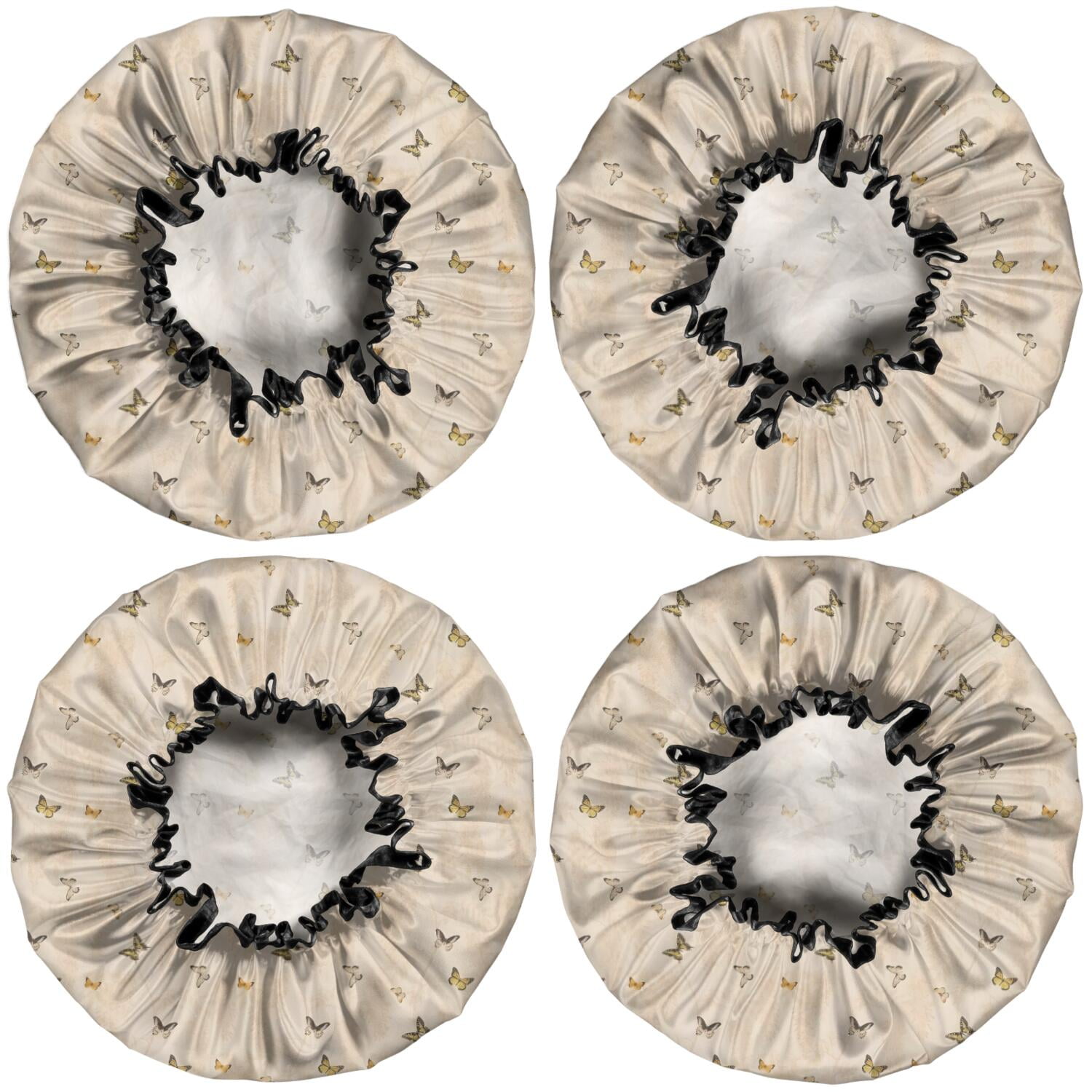 Shower Caps,Beige Butterfly Pattern Waterproof Shower Cap for Women 4 Pieces,Double Reusable Hair Cover for Shower PEVA Elastic Stretch Hem