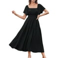 thumbnail image 2 of Women'S Summer Short Sleeve Square Neck Smocked Waist Casual Vacation Tiered Flowy Maxi Dress Black XXL, 2 of 6