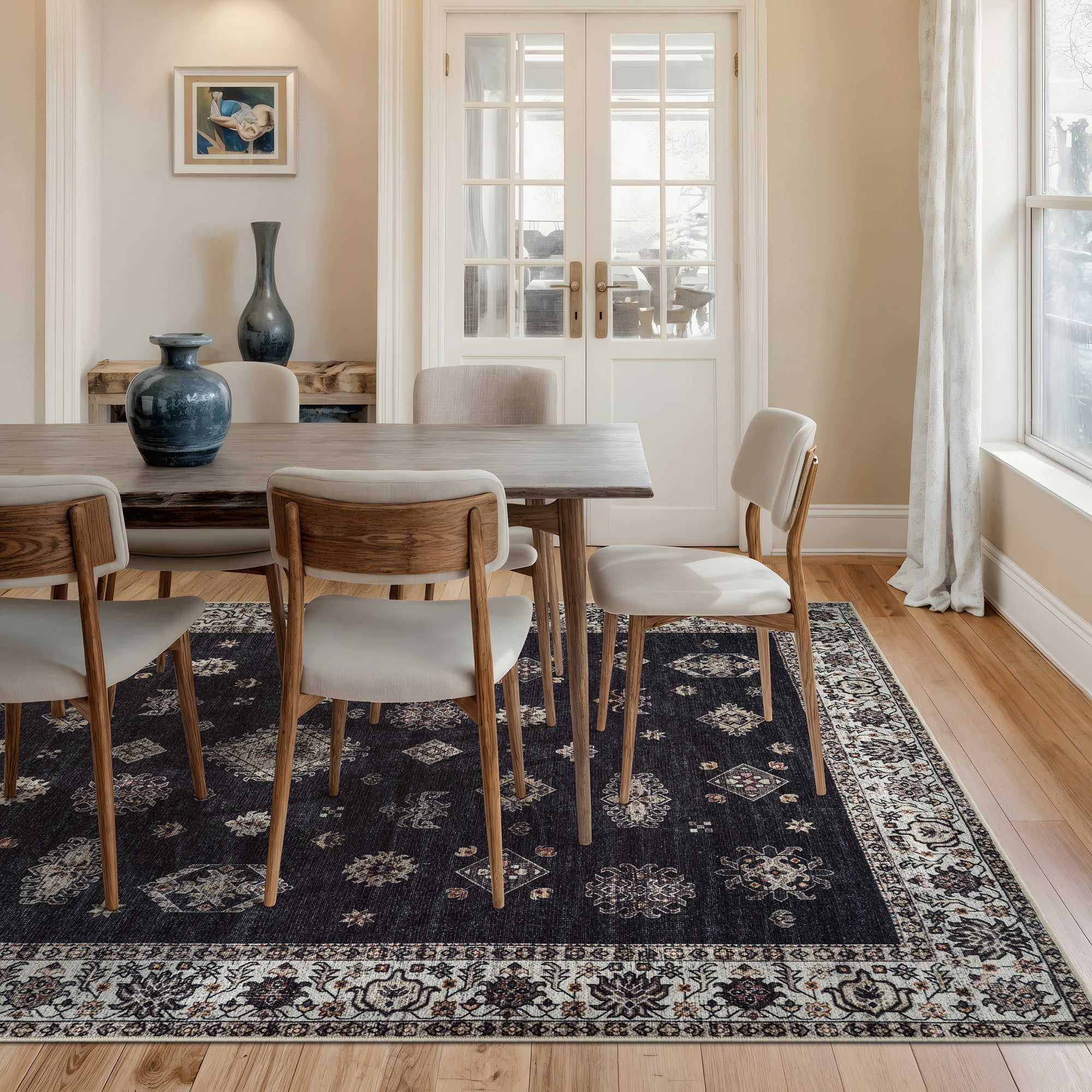Bloom Rugs Washable Non-Slip 8' x 10' Rug - Black / Ivory Traditional Oriental Area Rug for Living Room, Bedroom, Dining Room, and Kitchen - Exact size: 8' x 10'
