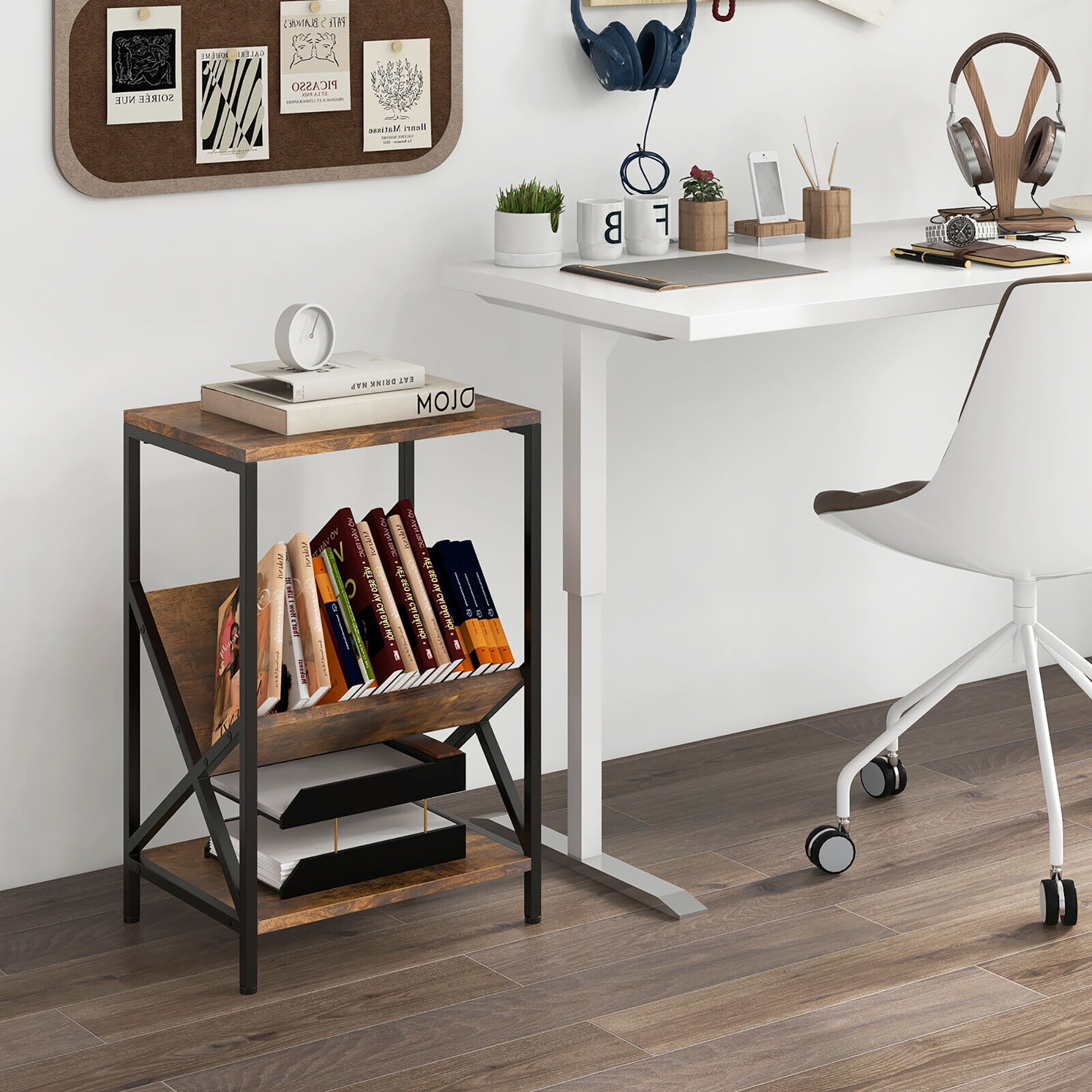 Gymax Industrial Side Table 3-Tier End Table w/ V-Shaped Magazine