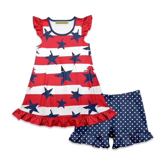 Millie Loves Lily Girls Red,White and Blue Stars & Stripes Patriotic Top and Short Set, Big Girls Size 6,2-PCS