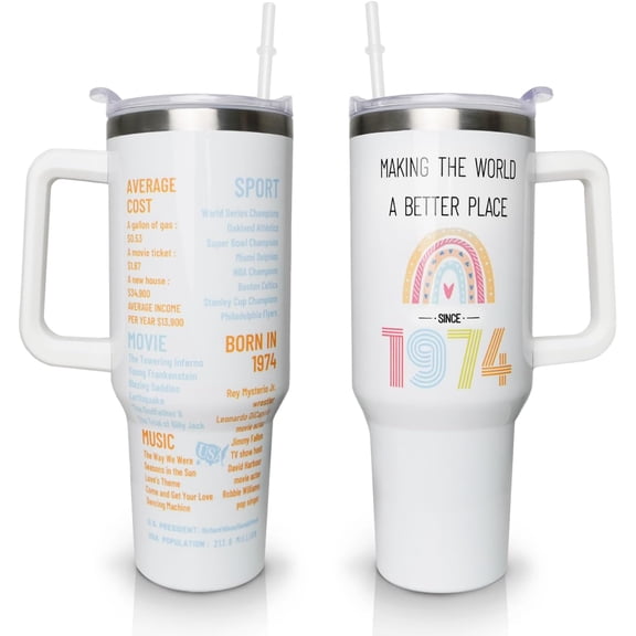 50th Birthday Gifts for Men Women - 1974 50th Birthday Tumbler Cup for Him Her - Turning 50 Year Old Gifts Idea for Mom, Dad, Wife, Husband, Uncle, Aunt - White 40 Oz Tumbler with Handle and Straw