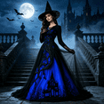 thumbnail image 3 of AoDai Gothic style long-sleeved witch dress with ghost castle print, suitable for Halloween party cosplay (all dress patterns are printed, the dress does not include a petticoat)., 3 of 6