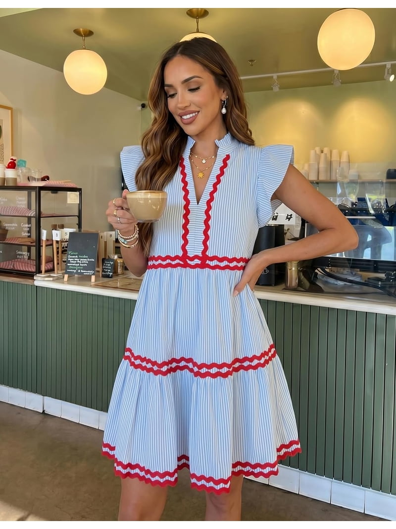 flowing mini dress otnbgsr Women's summer casual mini dress 2026 V-neck flowing short sleeved  striped ruffle A-line beach vacation dress