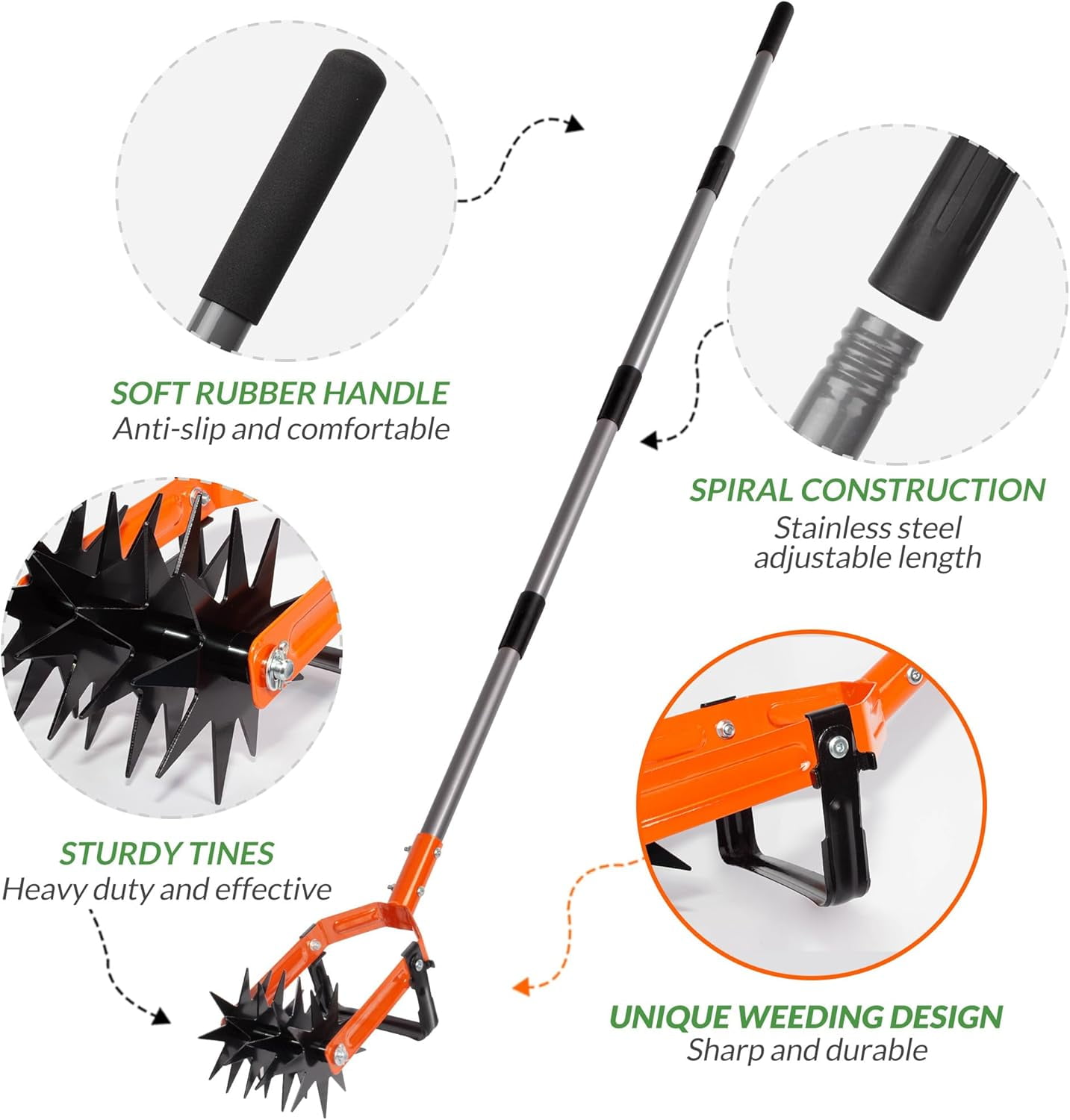 Rotary Cultivator Garden Tool, Adjustable Long Handle Hand Tiller with Star-Shaped Rolling Tines, 2-in-1 Weeder & Soil Aerator for Lawn Care, Reseeding Grass, Mixing, Manual Yard