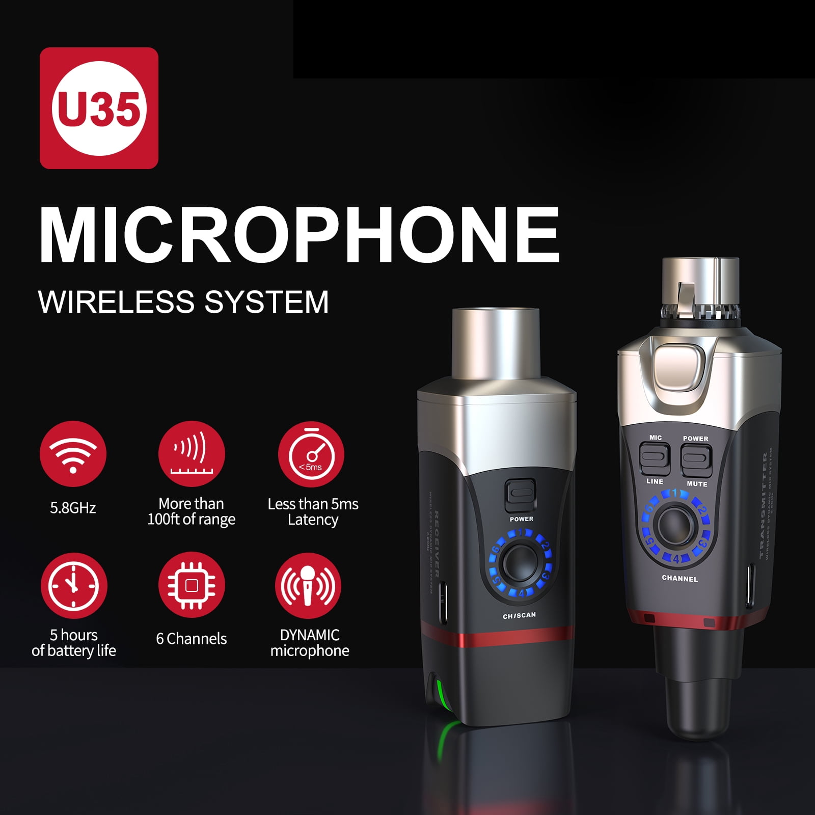 Xvive U35 Dynamic Microphone Wireless System with 5.8GHz Transmitter and Receiver