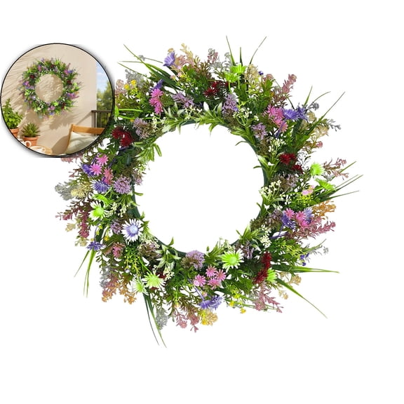 Daisy and Lavender Wildflower Spring and Summer Artificial Spring Wreath Silk Summer for Front Door Home Wall Wedding Festival Farmhouse Holiday Decor with Peg