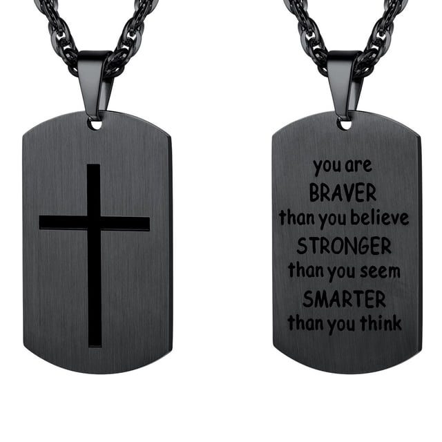 PROSTEEL Collar con forma de cruz con etiqueta de perro para hombres y niños, cadena con colgante negro de acero inoxidable, versículo de la Biblia inspirador, joyería religiosa cristiana, regalos
