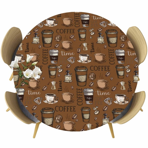 Coffee Theme Round Tablecloth, Fitted Table Cover with Elastic for 55"-60" Round Tables, Funny Brown Vintage Beans Latte Tea Cup Table Cloth Outdoor Indoor Dinning Party Waterproof Tablecloths