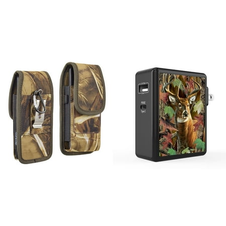 Pouch and Wall Charger Bundle for OnePlus 10T 5G: Vertical Rugged Nylon Belt Holster Case (Camo) and 45W Dual USB Port PD Power Delivery Type-C and USB-A Power Adapter (Deer Hunter Camo)
