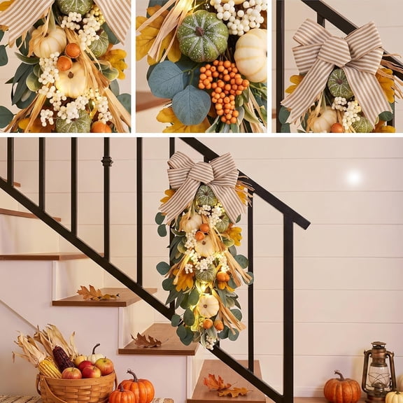 Anvora 24 Inch Fall Wreath Artificial White Pumpkin Wreath, Farmhouse Autumn Swag Wreath with LED Lights Fall Door Garland Thanksgiving Theme Swag Teardrop Swag Halloween Wreath for Front Door