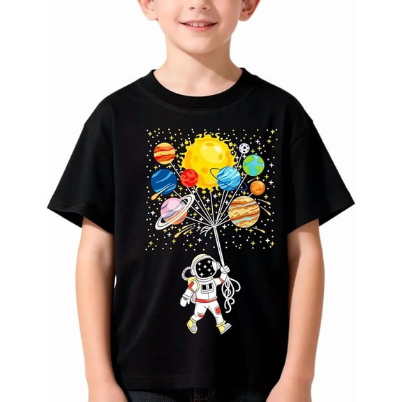 children’s wear Cute Astronaut Solar System Planets Space Galaxy Graphic T-Shirt for Boys and Girls Kids Toddler Funny Science Discovery Short Sleeve Black Tee