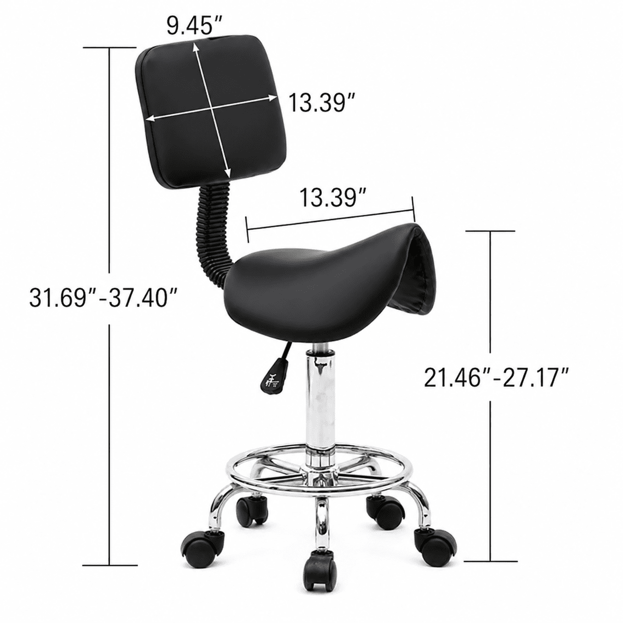 Alvantor Saddle Rolling Stool with Backrest, Adjustable Height and 360° Swivel, Black