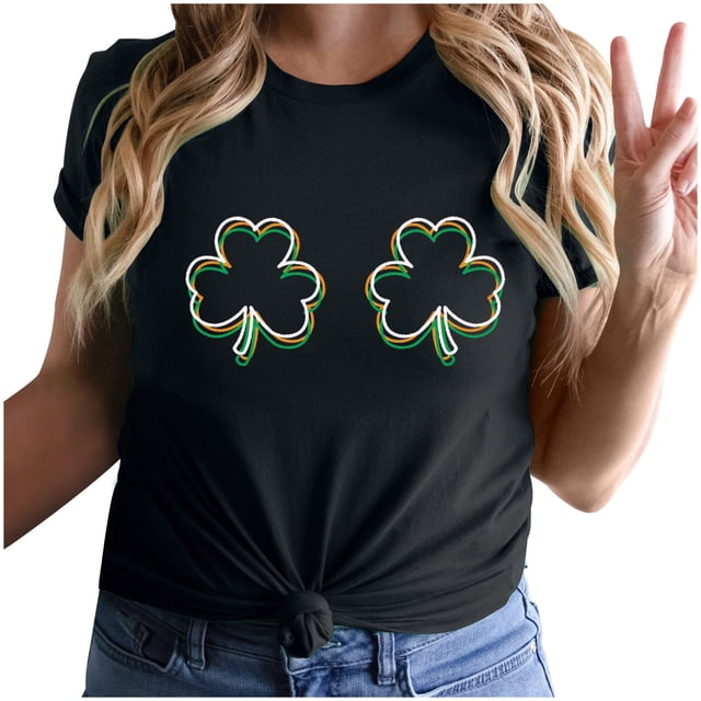Besolor T-Shirt Femme Fête de la Saint-Patrick Vert Col Rond Manches Courtes Tee Tops Shamrock Trèfle Graphique Cadeau Festival Tops