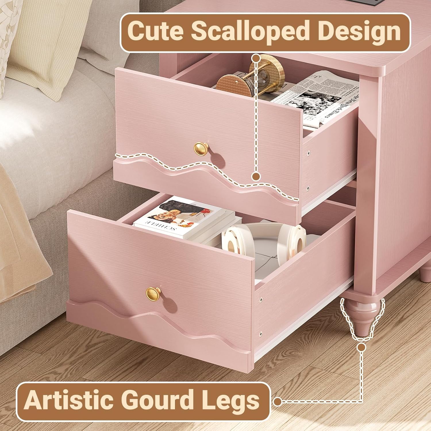 Homieasy 2 Drawer Nightstand with Power Outlet, Modern Wooden Nightstand with 2 Wave Pattern Drawers, Bedside Table for Bedroom, Living Room, Pink