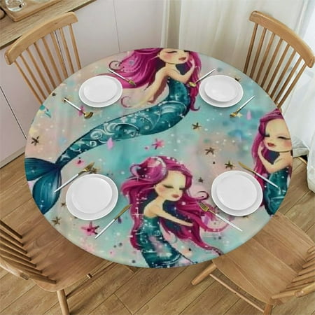 

BCIIG Mermaid Stars Round Table Cover Stain Resistant Washable for Indoor Outdoor Dining Wedding Parties Tablecloth 100% Polyester Fiber 54 -58