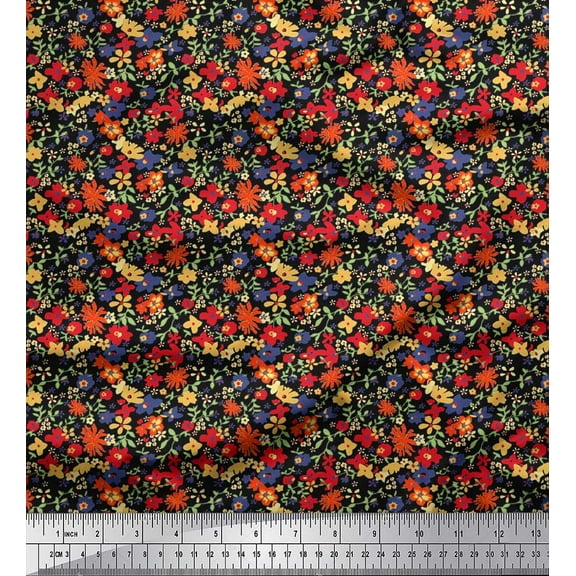 Soimoi Cotton Duck Fabric Leaves & Floral Artistic Printed Fabric 1 Yard 42 Inch Wide