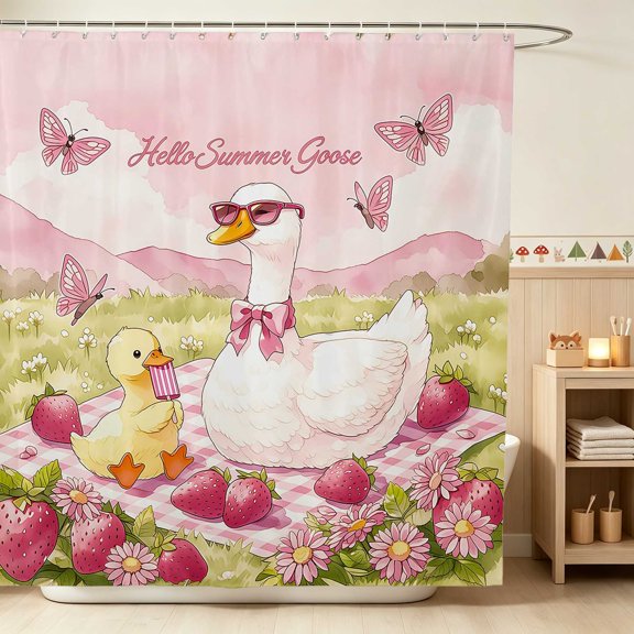 Erosebridal Goose Shower Curtain 72Wx72L for Girls, Strawberry Picnic Waterproof Bathroom Curtain