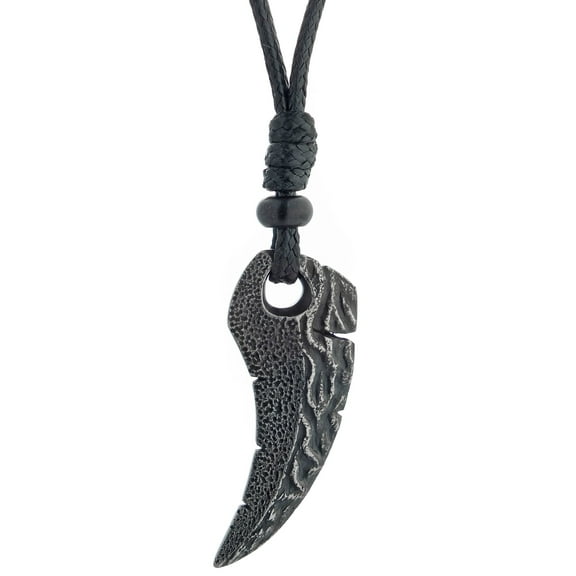Metro Jewelry Stainless Steel Shark Tooth Pendant for Men with Black Ion Plating 24 Inches Long Leather Cord with Lobster Claw