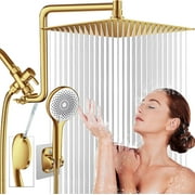 Shower Head Gold, Upgraded 12" Rain Shower Head with 12" Flexible Curved Shower Extension Arm and High Pressure 4 Setting Handheld Shower Head Combo, Built-in Power Wash, 60 Shower Hose