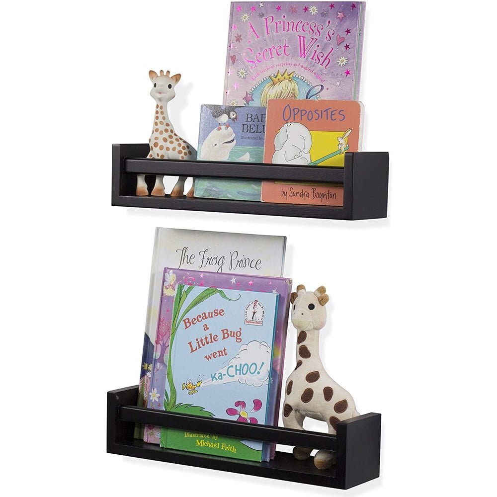 Kepooman 2PCS Wood Floating Wall Shelves, Wall Decor Bookshelf and Toy Organizer, Black