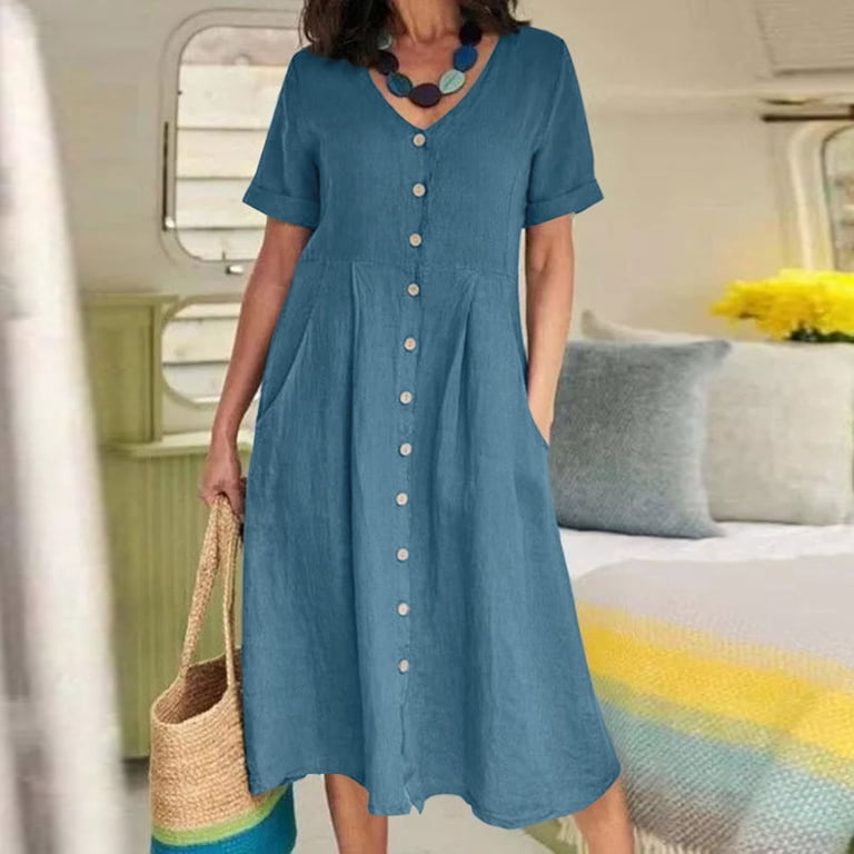 walmart midi shirt dress Tshirt Dress Women Summer Short Sleeve V Neck Button Down Casual Midi  Dresses with Pockets T Shirt Dresses for Women