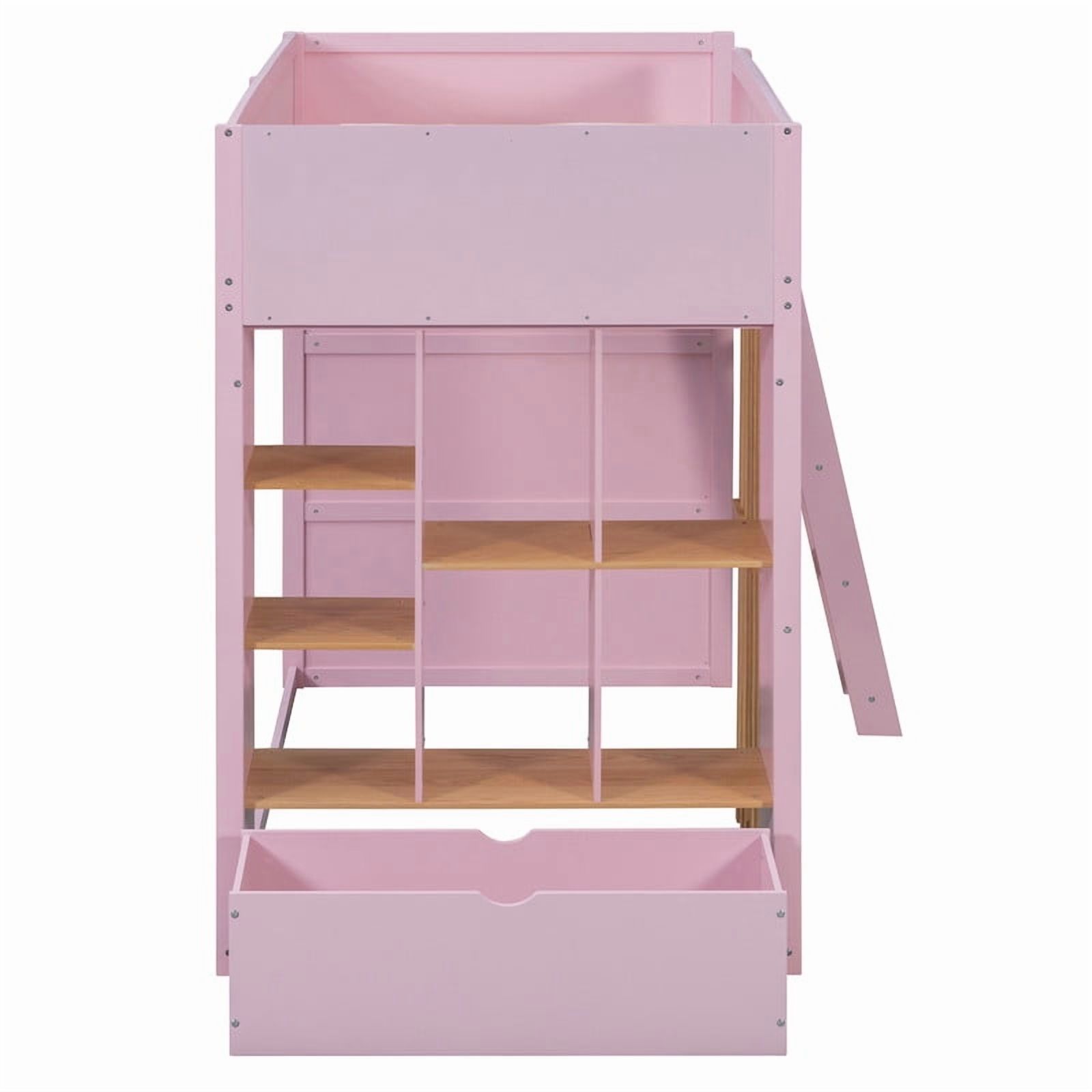 Twin Size Kids Loft Bed with Shelves, Wooden High Profile Teens Storage Bed Frame with Ladder and Removable Large Drawer