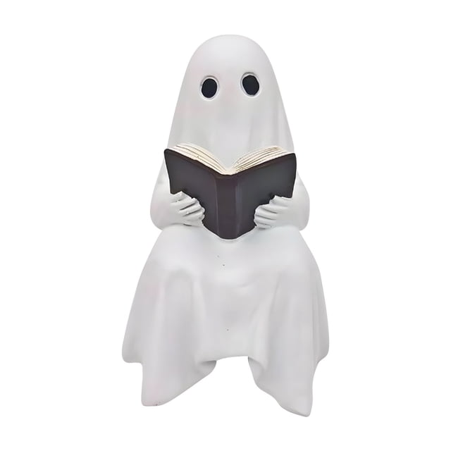 Adorno de estatua de lectura de fantasmas de Halloween | Figura de resina | Decoración espeluznante para el hogar para estantería de escritorio | Centro de mesa gótico embrujado | 15,5x7cm | Regalo