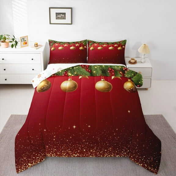 jejeloiu Gold Christmas Ball Bedding Comforter Set,Merry Xmas Theme Twin Comforter Sets,Sequin Print Bedding Set For Girls Boys,Breathable Home Decor Reversible,2-Piece