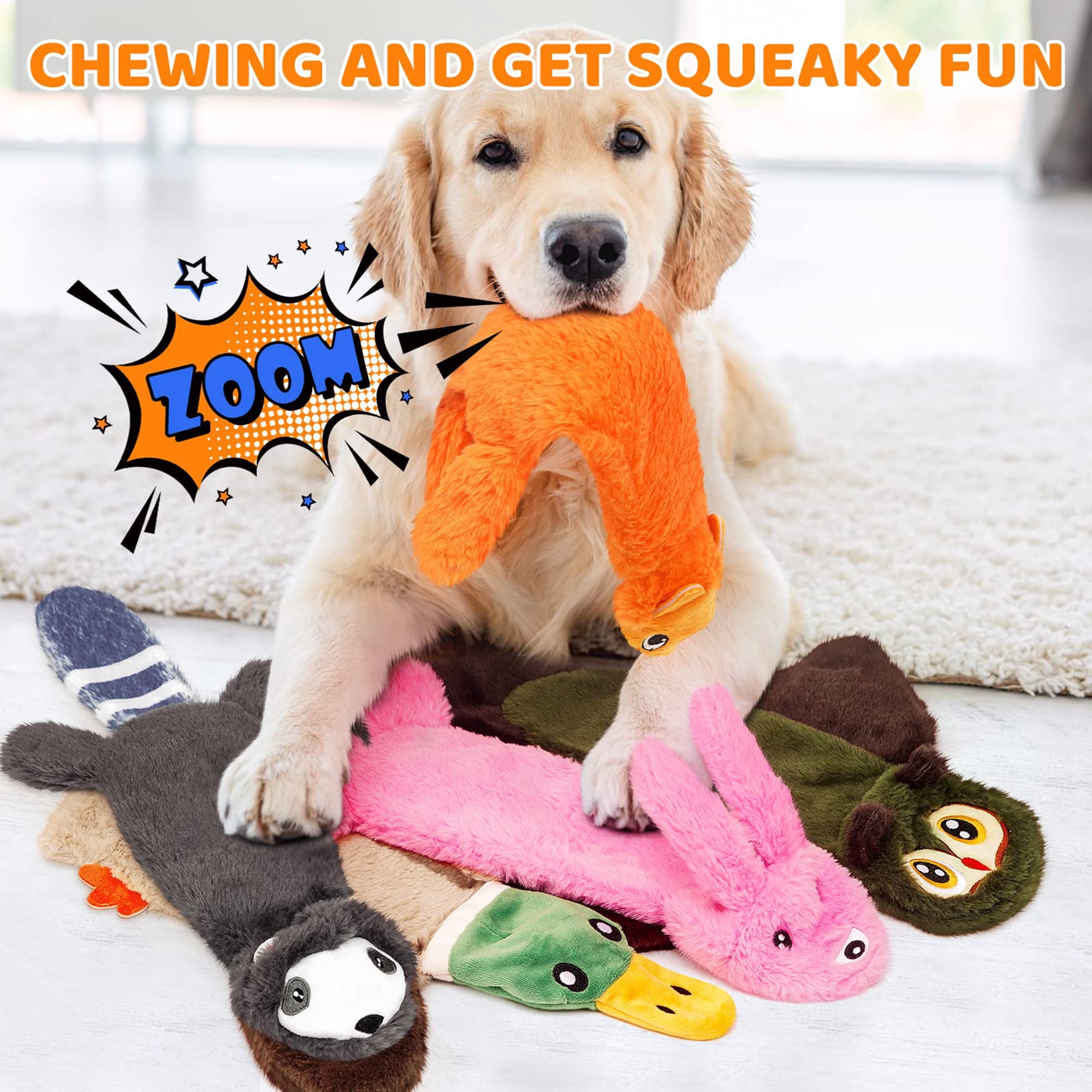 Durable plush chew toys for all dog sizes, no stuffing. Fun animal shapes with crinkle & squeak features. Teething relief & interactive play. Multicolor.