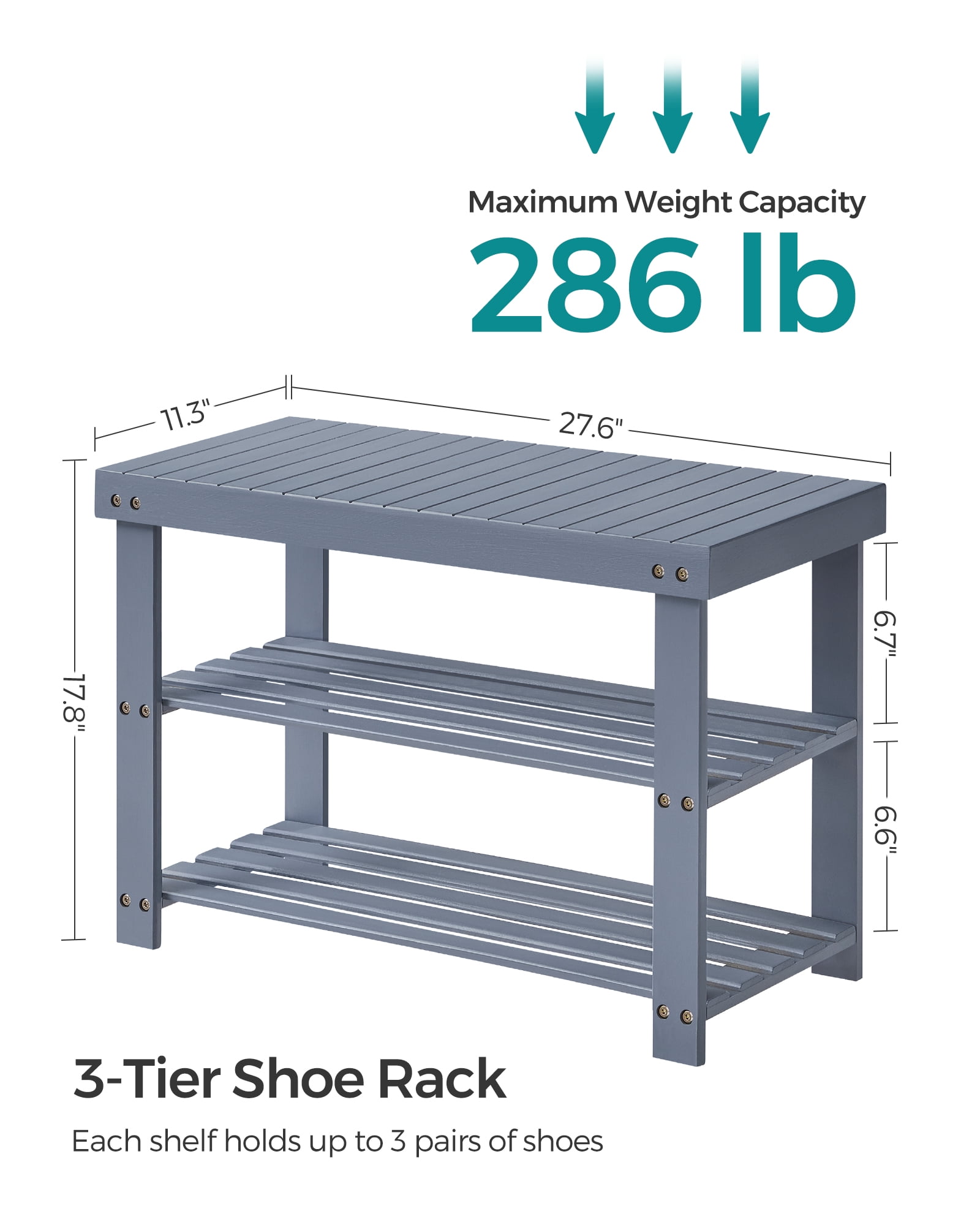 3-Tier Shoe Rack Bench, Hallway Bamboo Organizer, Home Storage Shelf with Holds 286 lb, Gray