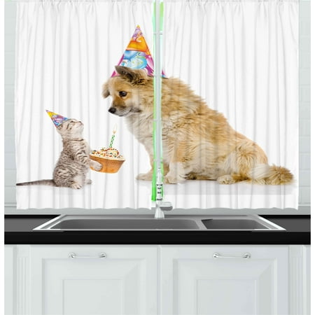 Kids Birthday Curtains 2 Panels Set, Cat and Dog Domestic Animals Human Best Friend Party with Cupcake and Candle, Window Drapes for Living Room Bedroom, 55W X 39L Inches, Multicolor, by (Best Chat Room Names)