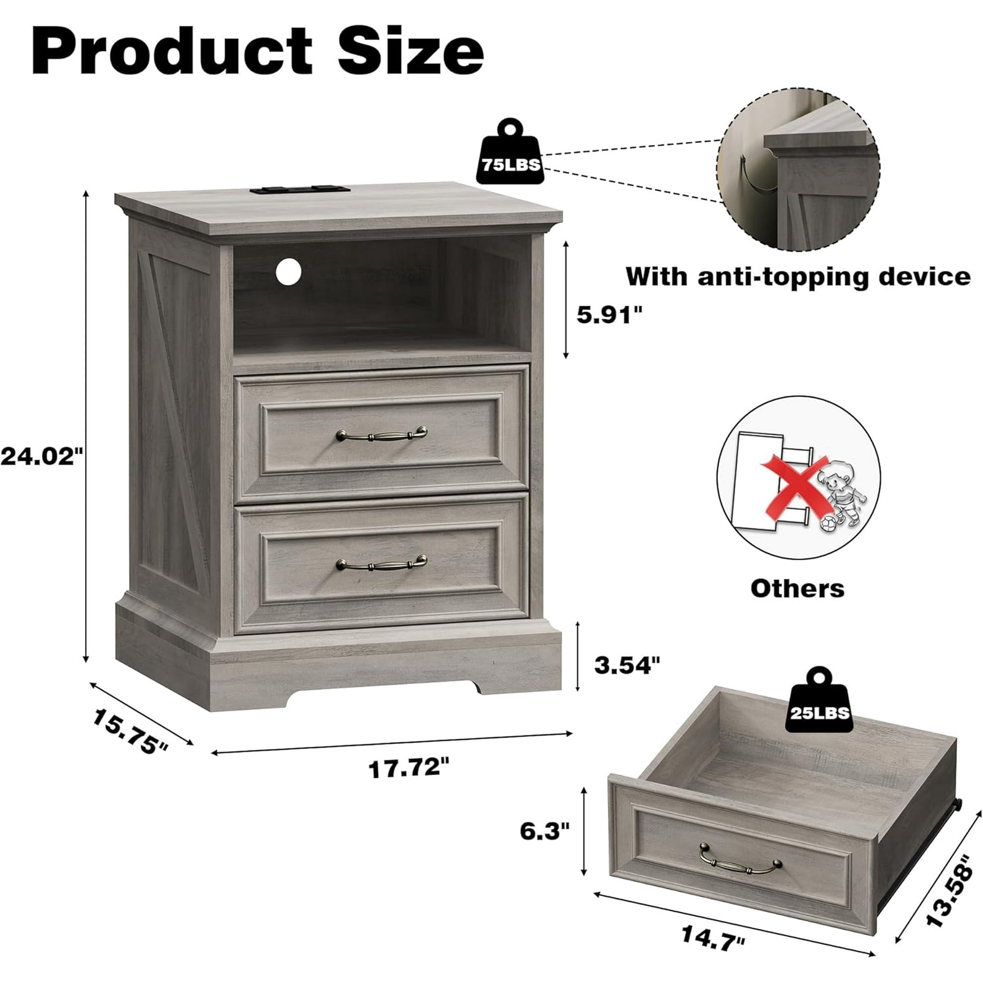 FANRAL 2 Drawers Dresser for Bedroom,Farmhouse Nightstand with Charging Station & Open Shelf,24" Wide Wooden Chest of Drawers,Rustic Storage Cabinet,Light Gray Dresser