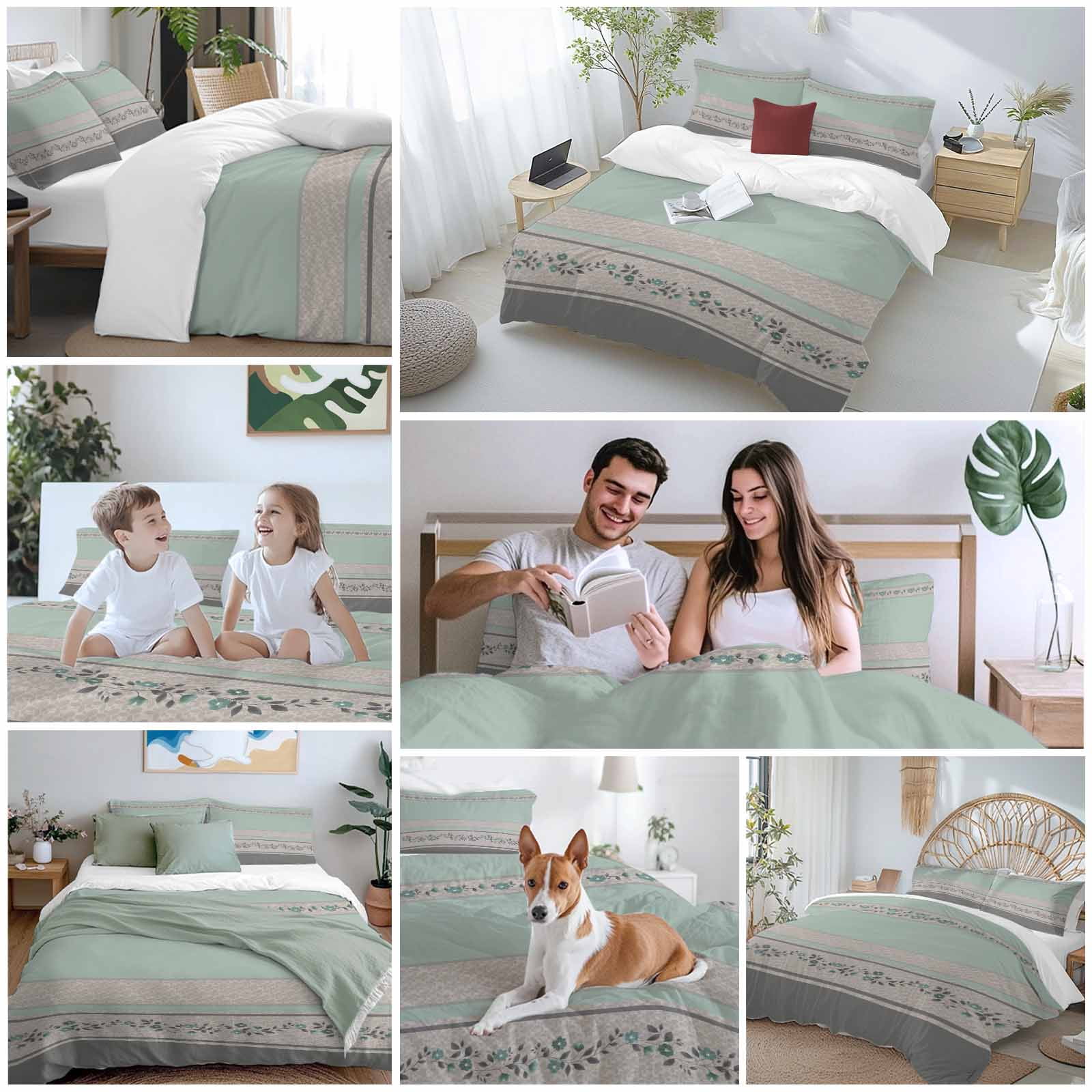 Turquoise Floral Bedding 3 Piece Duvet Cover Set Full Size, Modern Farmhouse Leaves Gray Striped Soft Microfiber Comforter Cover with Zipper Closure & Pillowcases, Wrinkle & FadeResistant Quilt Cover