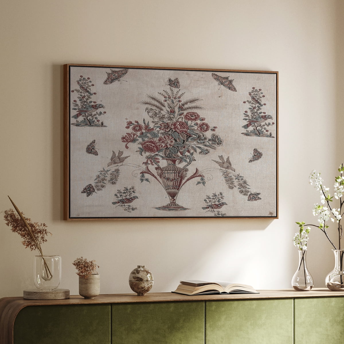 Vintage Abstract Print-V Framed in Walnut Wood Gallery Wrapped Canvas 25 in. x 37 in.