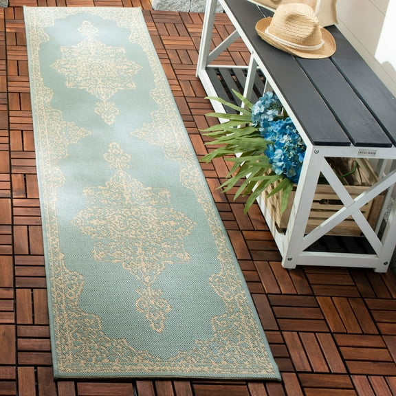 SAFAVIEH Beach House Harding Traditional Indoor/Outdoor Runner Rug Cream/Aqua, 2' x 8'