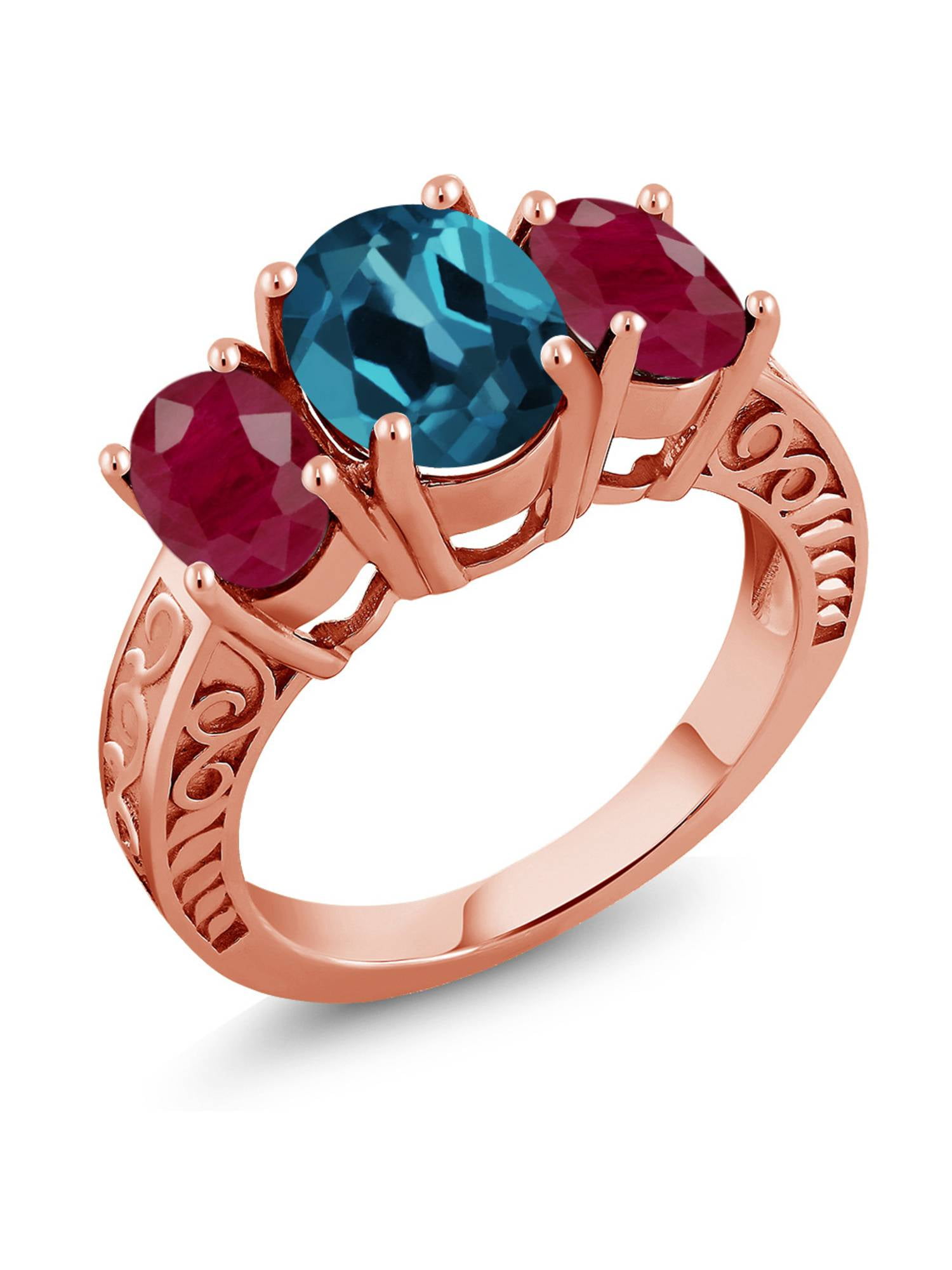 3.84 Ct Oval London Blue Topaz Red Ruby 18K Rose Gold Plated Silver Ring by