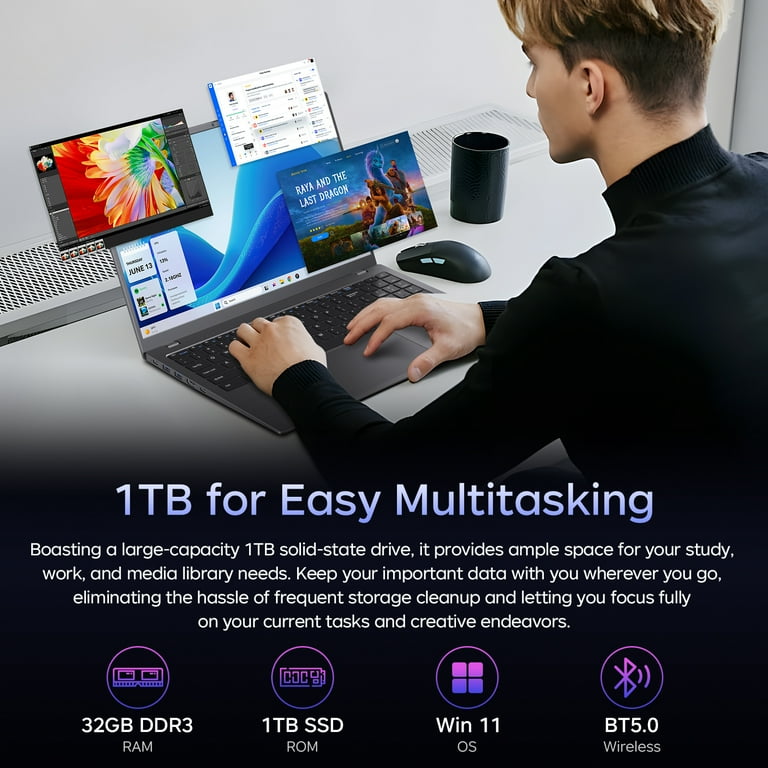 HYYUO 15.6" Laptop Computer, 32GB RAM 1TB SSD, Intel 6500Y with 2 Cores Up to 3.4GHz, 1080p FHD Display, Laptop for Business, Study, Office, Dark Gray, Windows 11 Laptop