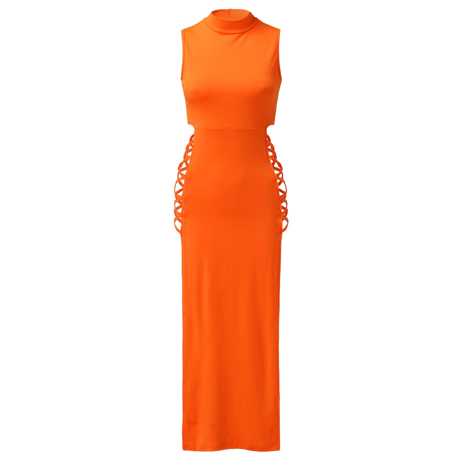 【関税&送料込み】Versace Orange Sleeveless Long Dress Wit WTXUE Dresses, High Slit Sleeveless Double Split Crew Neck