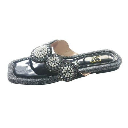 

Daznico Womens Sandals Ladies Summer Rhinestone Decorative Clip Toe Flat Bottom Beach Slippers ( Black 7.5 )