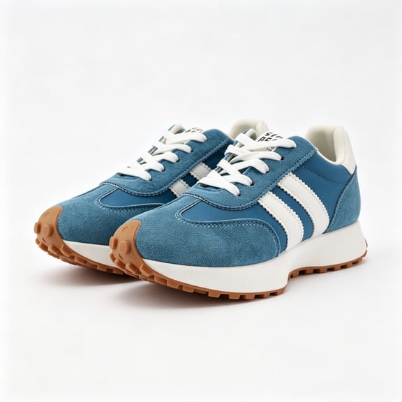 Women's Retro Suede Platform Sneakers, Blue White Striped Running Walking Shoes, Fashion Gum Sole Casual Athletic Trainer Sneakers for Daily Wear