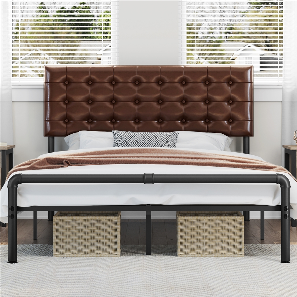 SMILE MART Metal Platform Queen Bed with Tufted Faux Leather Headboard, Brown - image 3 of 9