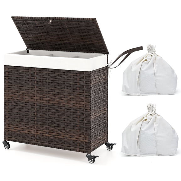 Gymax Laundry Hamper w/Wheels & Lid 125L 3-Section Clothes Hamper w/2 Liner Bags Brown