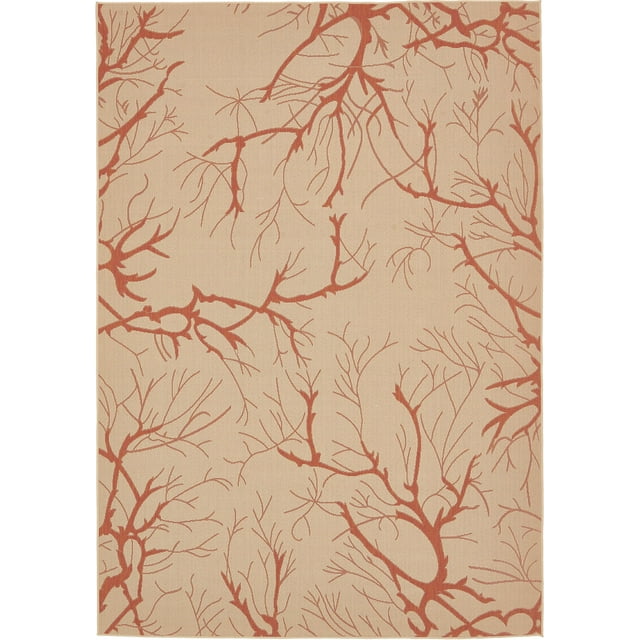 Unique Loom Botanical Collection Abstract Pictorial Transitional Indoor and Outdoor Flatweave Area Rug, 8 Feet x 11 Feet 4 Inch, Beige/Terracotta