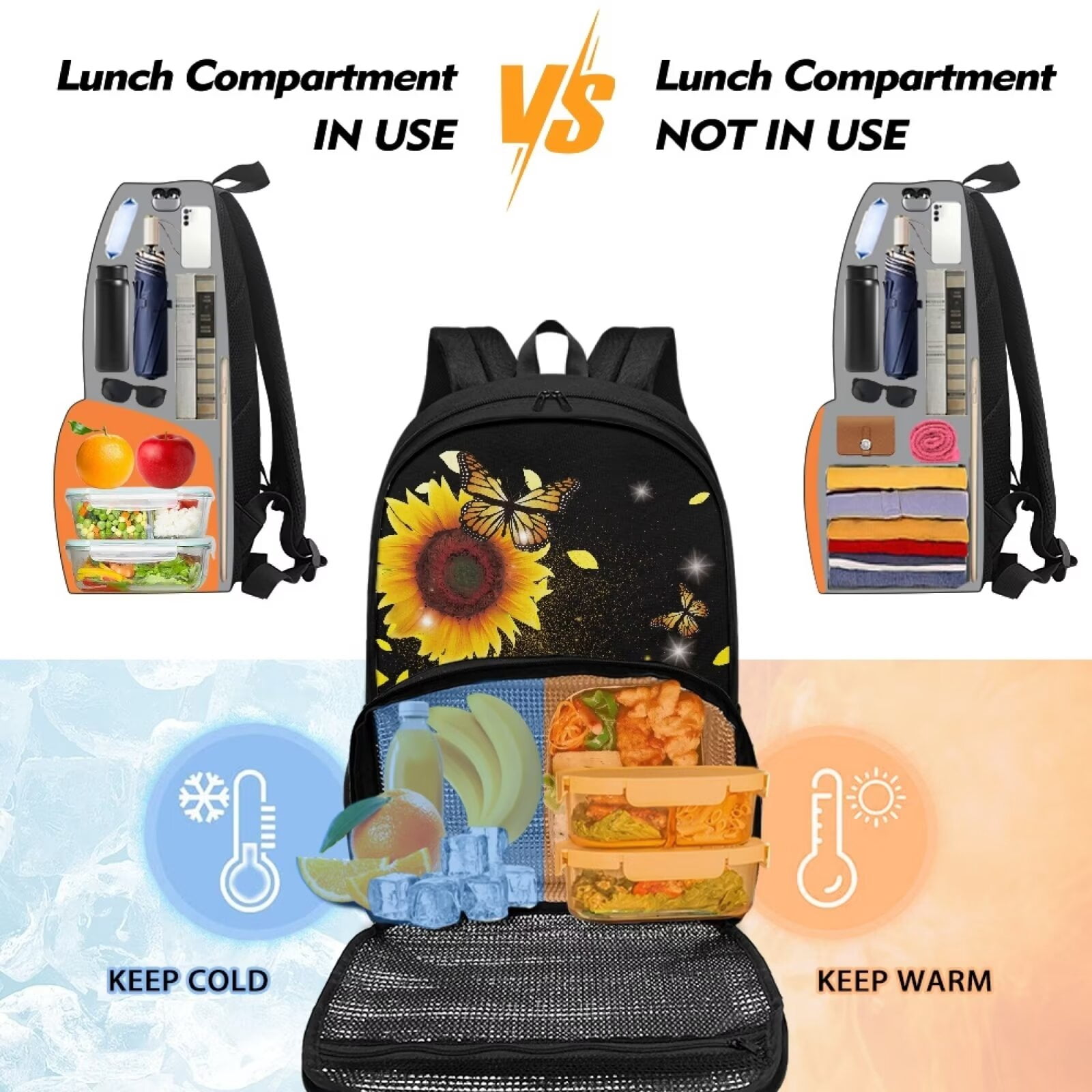 FOR U DESIGNS Sunflowers Butterfly Backpack with Lunch Compartment Teens Middle High School Shoulder School Bag Elementary Travelling Purse Daypack for Women