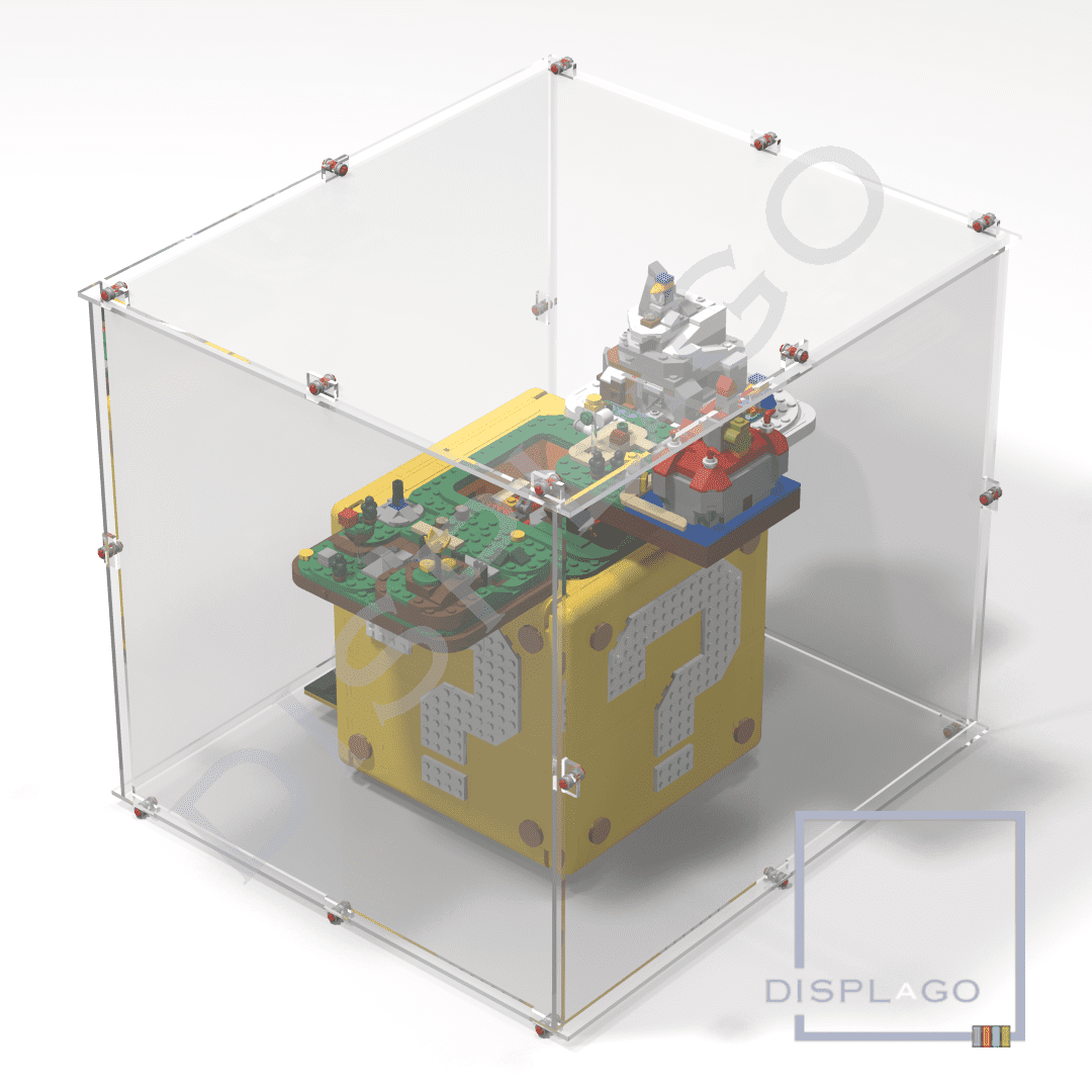Display Case for LEGO® IDEAS #71395 “Mario Cube”. Open position. Display case for minifigures. Star Wars® display case. Compatible LEGO® display.