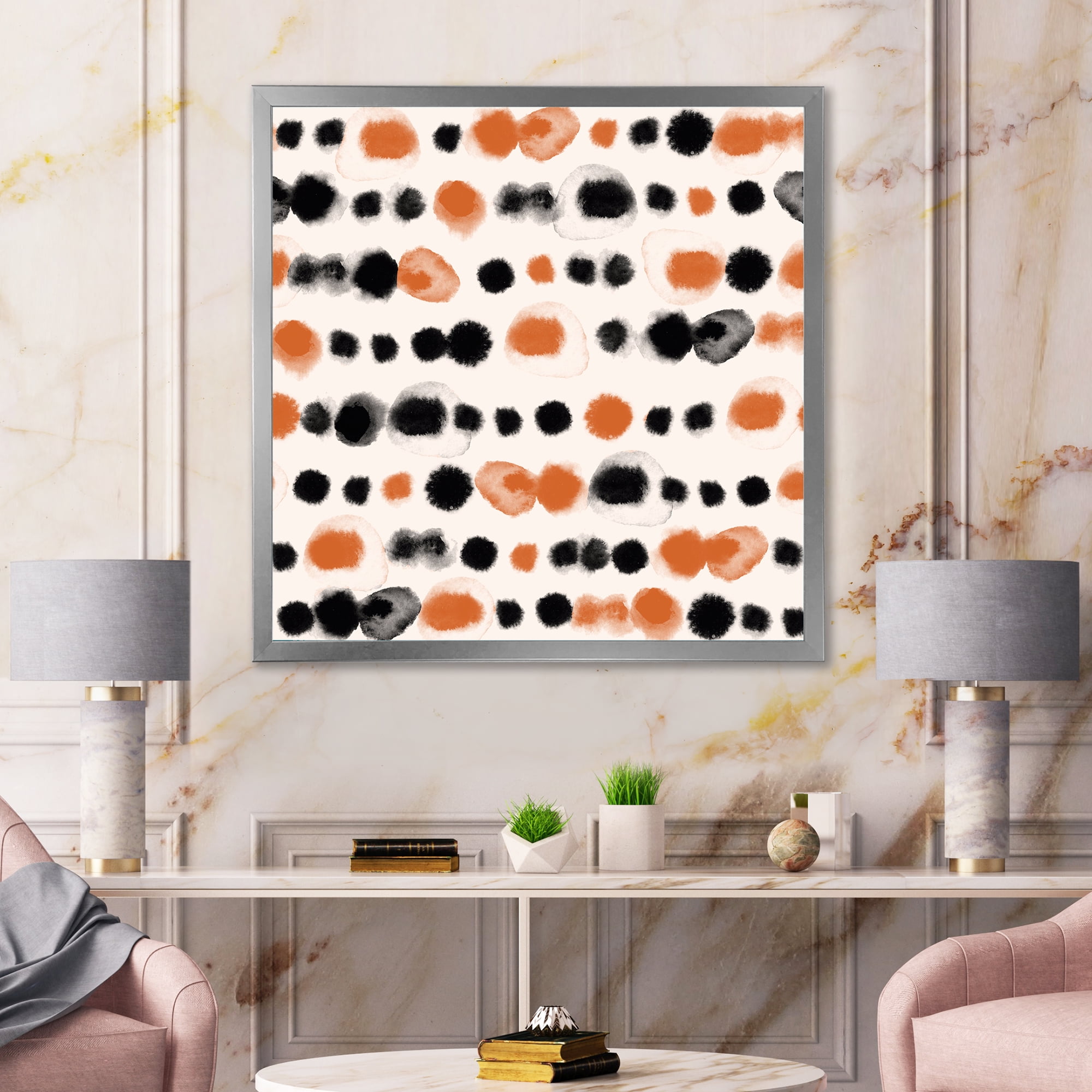 Designart 'Orange and Black Polka Dots' Modern Framed Art Print