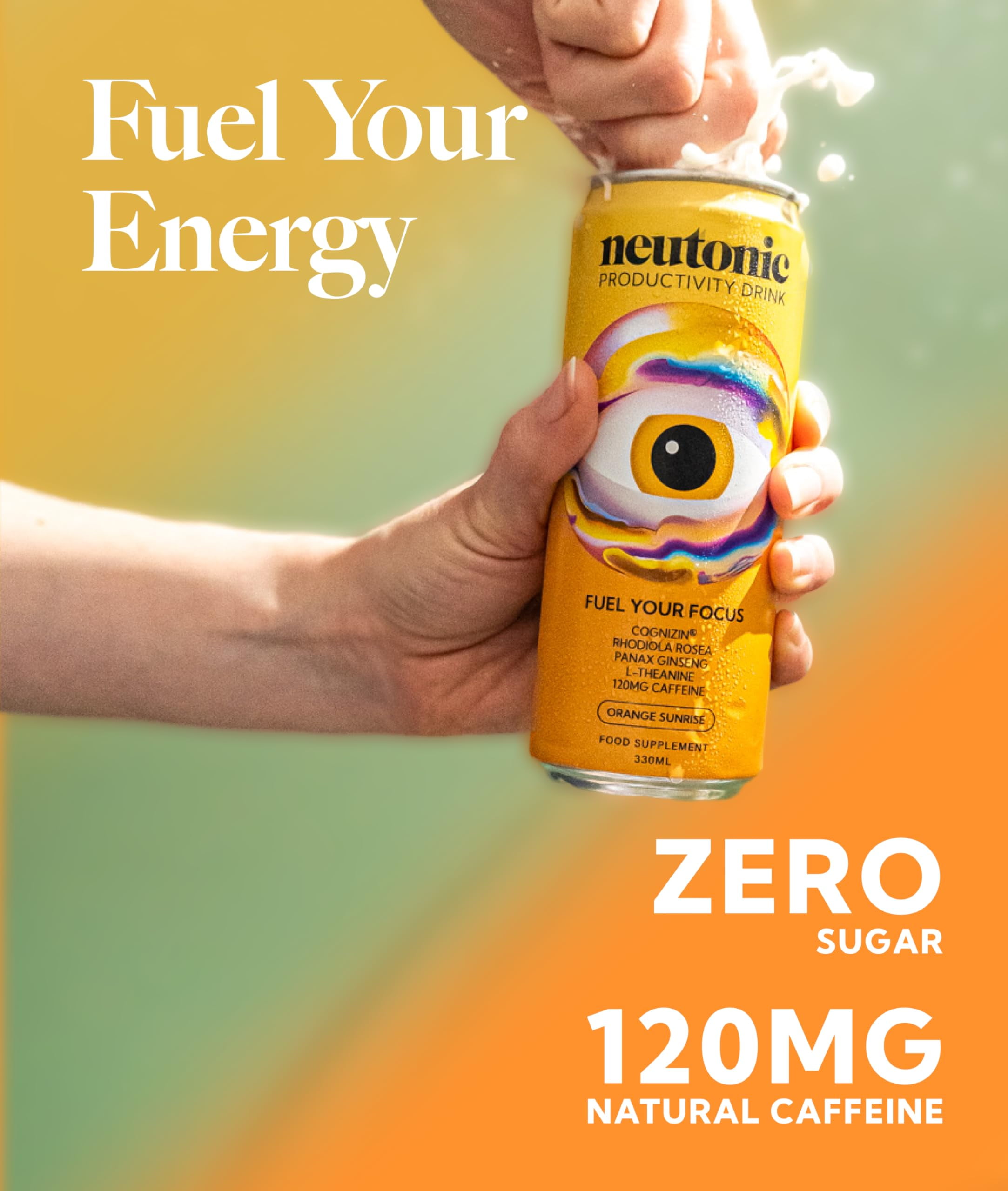 Neutonic Nootropic Productivity Energy Drink | Orange Sunrise 12 Cans | 120mg Natural Caffeine, Zero Sugar | Support Memory, Mental Clarity, Cognitive Function | Boost Focus, Energy, Brain Health