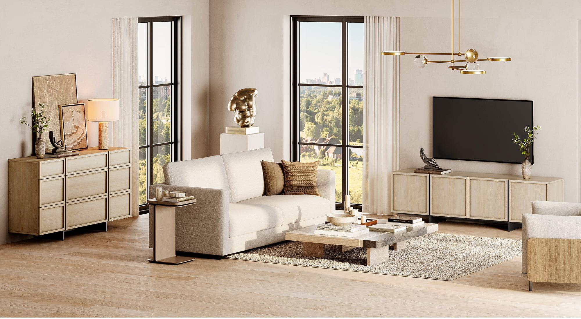 Modern 2-Piece Living Room Set, 70.9" TV Stand Entertainment Center & 57.5" 9-Compartment Storage Cabinet, 4-Door Closed Storage with T-Shaped Legs,Beige