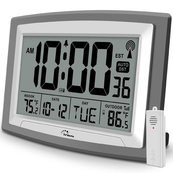 Reloj WalLarge Atomic digital de 12,5 pulgadas, temperatura interior y exterior